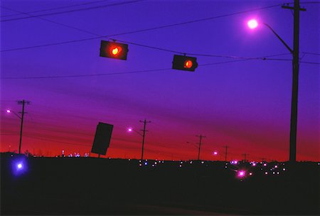 Yellow Caution Lights on Road at Dusk Edmonton, Alberta, Canada Stock Photo - Premium Royalty-Free, Code: 600-00048698