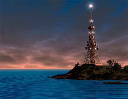 Transmission Tower on Island at Dusk Stock Photo - Premium Royalty-Free, Code: 600-00058482