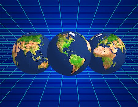 Three Globes Displaying Continents of the World and Grid Landscape Stock Photo - Premium Royalty-Free, Code: 600-00059079