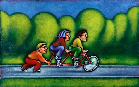 Illustration of Couple Riding Tandem Bike with Third Person as Wheel Foto de stock - Sin royalties Premium, Código: 600-00067499