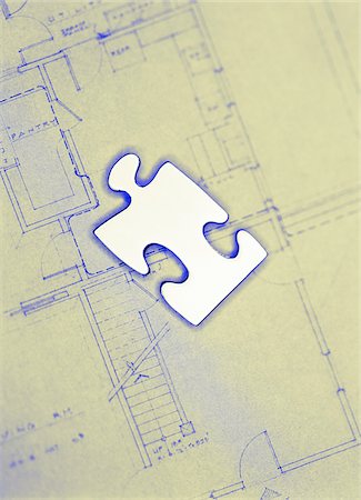 simsearch:600-00608267,k - Jigsaw Puzzle Piece on Blueprints Stock Photo - Premium Royalty-Free, Code: 600-00074322