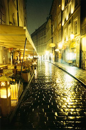 rainy street scene - Street Scene at Night, Prague, Czech Republic Stock Photo - Premium Royalty-Free, Code: 600-00782484