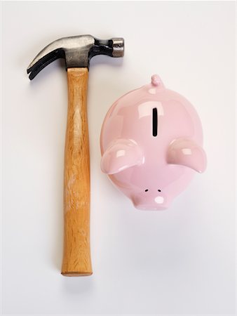 pig studio - Piggy Bank and Hammer Stock Photo - Premium Royalty-Free, Code: 600-01073555