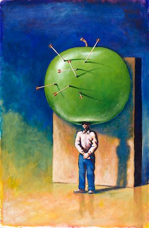 errar o alvo - Man Balancing Apple on Head full of Arrows Foto de stock - Royalty Free Premium, Número: 600-01110333