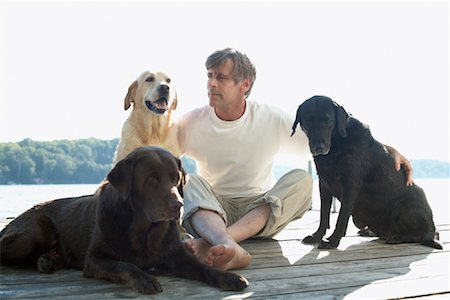 schwarzer labrador - Mann am Dock mit Hunden, Three-Mile-See, Muskoka, Ontario, Kanada Stockbilder - Premium RF Lizenzfrei, Bildnummer: 600-01111422