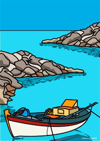 simsearch:600-00076578,k - Illustration of Boat Tied up Near Rocks Foto de stock - Sin royalties Premium, Código: 600-01607216
