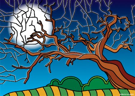 spooky night sky - Illustration of Moon and Tree Stock Photo - Premium Royalty-Free, Code: 600-01955924