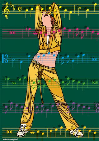 people dancing in night club with arms in air - Illustration of Woman Listening to Music Stock Photo - Premium Royalty-Free, Code: 600-01955920