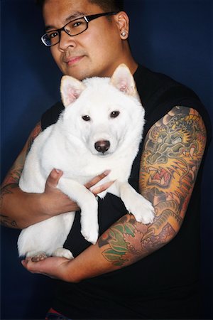 portrait tattoos for men - Portrait of Man with Dog Foto de stock - Sin royalties Premium, Código: 600-02200384