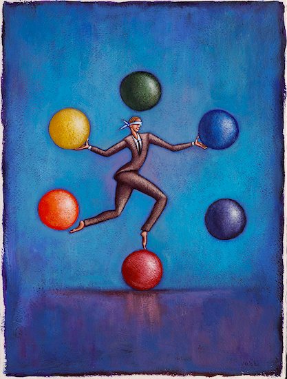 Illustration of Businessman Balancing and Juggling Balls, while Blindfolded Stock Photo - Premium Royalty-Free, Artist: James Wardell, Image code: 600-02265069