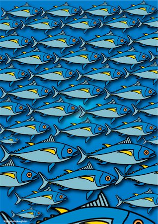 shoal (group of marine animals) - Illustration of School of Blue Fish Stock Photo - Premium Royalty-Free, Code: 600-02348788