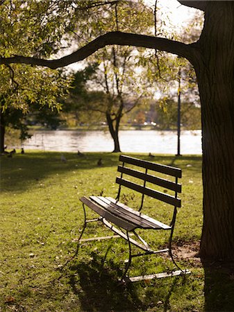 Empty Park Bench by Water, Stratford, Ontario, Canada Foto de stock - Sin royalties Premium, Código: 600-02594191