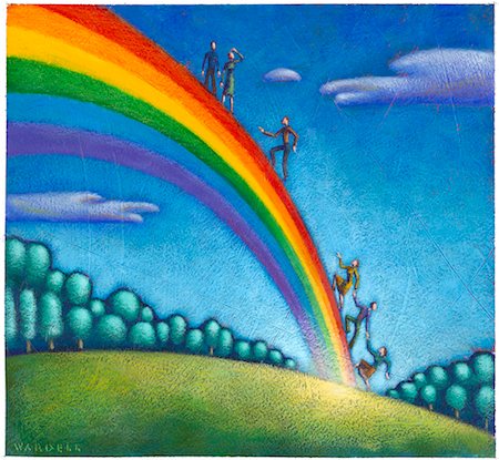 Illustration of People Climbing a Rainbow Stock Photo - Premium Royalty-Free, Code: 600-02633755