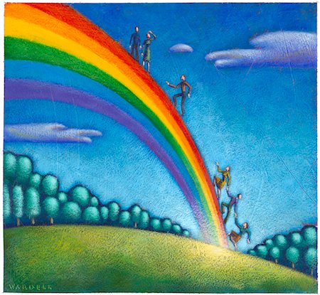 Illustration des gens de monter un arc en ciel Photographie de stock - Premium Libres de Droits, Code: 600-02633755