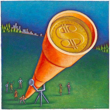 Illustration of People Looking at Money Through Telescope Stock Photo - Premium Royalty-Free, Code: 600-02633756