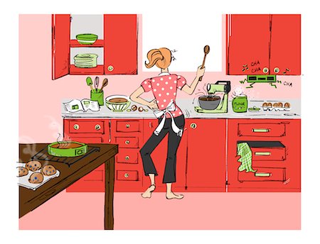 electrodoméstico - Illustration of Woman in the Kitchen Baking and Dancing Foto de stock - Sin royalties Premium, Código: 600-03294805