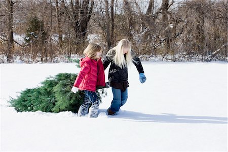 sapin - Filles en faisant glisser d'arbre de Noël dans la neige Photographie de stock - Premium Libres de Droits, Code: 600-03403766