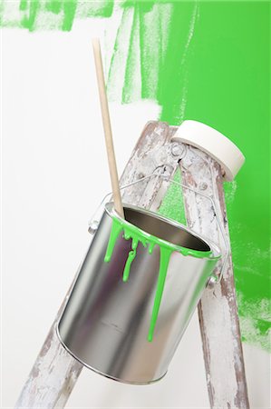 paint buckets for ladders - Paint Can and Masking Tape Hanging on Ladder Stock Photo - Premium Royalty-Free, Code: 600-03537940