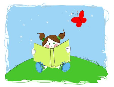 drawing of a butterfly - Illustration of Girl Reading a Book Stock Photo - Premium Royalty-Free, Code: 600-03665748