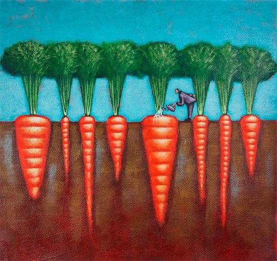 Illustration of Man Watering Giant Carrots Stock Photo - Premium Royalty-Free, Artist: James Wardell, Image code: 600-03685851