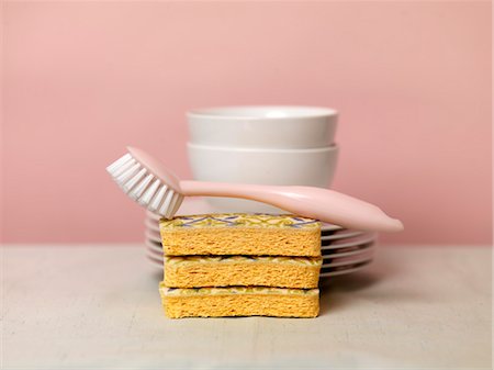 dirty dishes stacked - Sponges, Scrub Brush and Dishes Stock Photo - Premium Royalty-Free, Code: 600-03692037