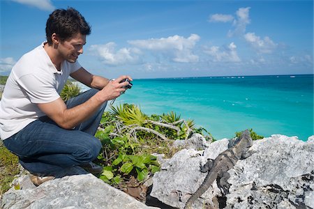 Man Taking Picture of Iguana, Reef Playacar Resort and Spa, Playa del Carmen, Mexico Foto de stock - Sin royalties Premium, Código: 600-03849468