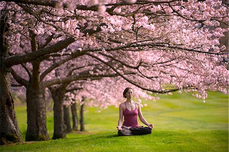 female yoga outdoors - Woman in lotus position under cherry tree Stock Photo - Premium Royalty-Free, Code: 614-06168924