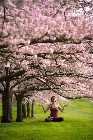people in the park - Woman in lotus position under cherry tree Stock Photo - Premium Royalty-Free, Code: 614-06168935