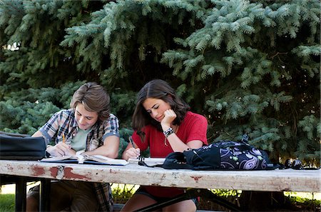 Teenage couple studying on picnic table in park Stock Photo - Premium Royalty-Free, Code: 614-06169073