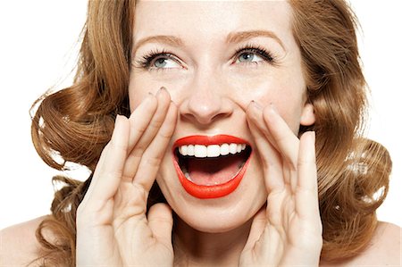 red white - Woman shouting with hands by mouth Stock Photo - Premium Royalty-Free, Code: 614-06311591