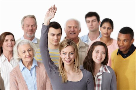 portrait young man white background - Group of people, woman with arm raised Stock Photo - Premium Royalty-Free, Code: 614-06311759