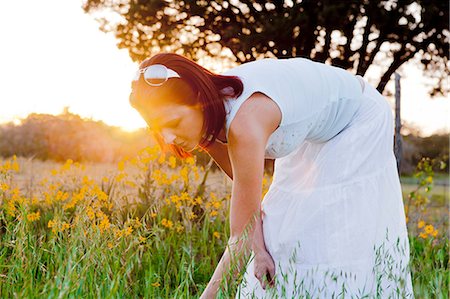 Woman picking flowers in field in sunlight Stock Photo - Premium Royalty-Free, Code: 614-06336186