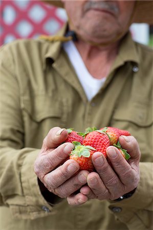 Man holding strawberries outdoors Photographie de stock - Premium Libres de Droits, Code: 614-06719206