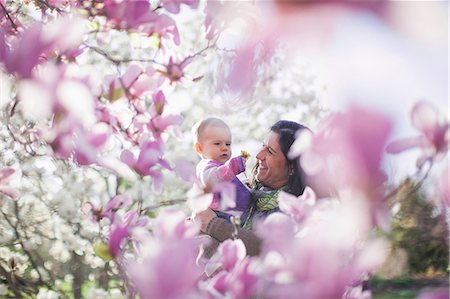 Grandmother and granddaughter amongst magnolia blossom Stock Photo - Premium Royalty-Free, Code: 614-06897401
