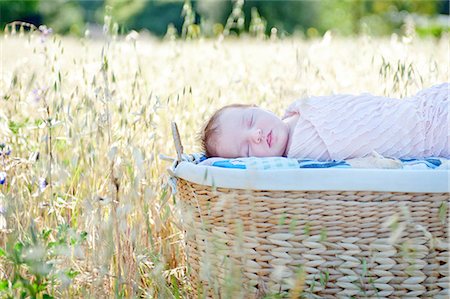 Newborn baby girl sleeping in moses basket in field Foto de stock - Sin royalties Premium, Código: 614-06898012