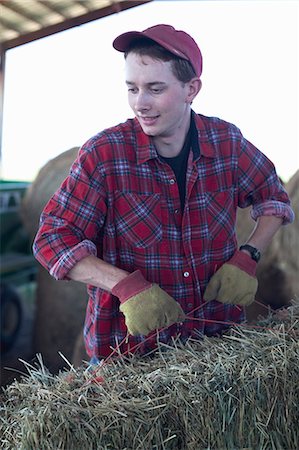 farmers in barn - Young farmer lifting straw bale Stock Photo - Premium Royalty-Free, Code: 614-07031795