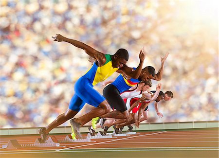 Five athletes starting a sprint race Photographie de stock - Premium Libres de Droits, Code: 614-07145722