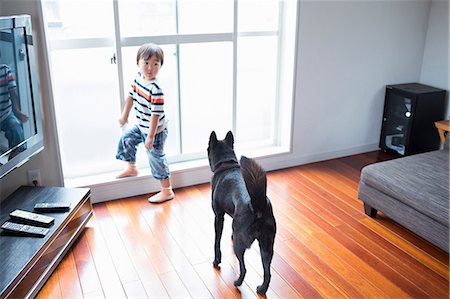 Boy in living room with pet dog Foto de stock - Sin royalties Premium, Código: 614-07145826