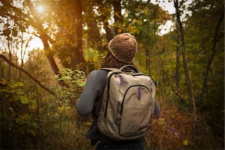 people walking in woods - Rear view of woman walking through forest, carrying rucksack Stock Photo - Premium Royalty-Free, Code: 614-07239976