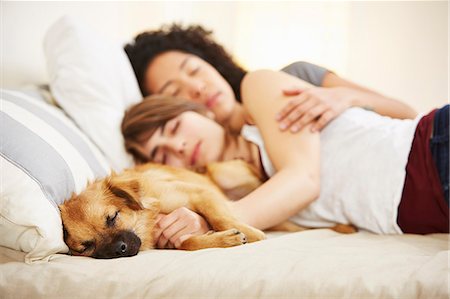 ecstatic - Young female couple and pet dog sleeping on bed Stock Photo - Premium Royalty-Free, Code: 614-07652182