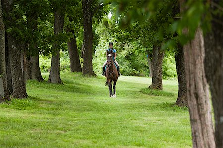 Young woman riding horse through forest Foto de stock - Sin royalties Premium, Código: 614-07708229