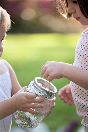 reptile on white - Girl and toddler sister putting green anole lizard in jar Stock Photo - Premium Royalty-Free, Code: 614-07708247