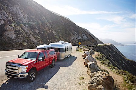 simsearch:693-06020309,k - Pick-up truck with trailer attached on mountain road, Big Sur, California, USA Stock Photo - Premium Royalty-Free, Code: 614-07805899