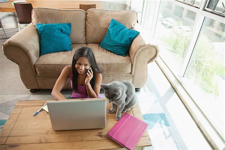 domestic cat - Woman on smartphone using laptop at home Stock Photo - Premium Royalty-Free, Code: 614-07806255