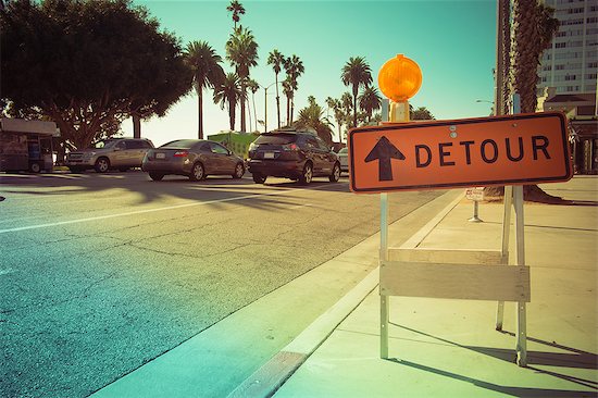 Detour roadwork sign on street, Santa Monica, California, USA Stock Photo - Premium Royalty-Free, Image code: 614-08000279