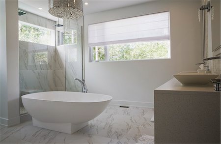 shower in a bathroom not people - Modern interior design luxury bathroom with bath and glass walled shower Foto de stock - Sin royalties Premium, Código: 614-08000330