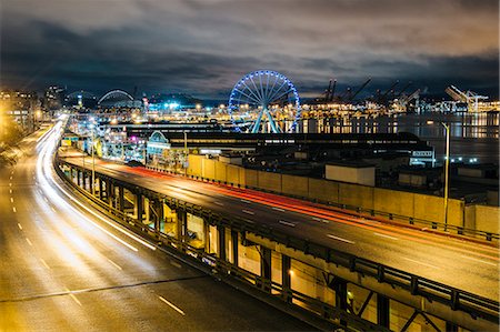 Road to port and ferris wheel, Seattle, Washington, USA Stock Photo - Premium Royalty-Free, Code: 614-08065961