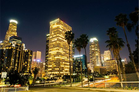 View of highway and city skyline at night, Los Angeles, California, USA Stock Photo - Premium Royalty-Free, Code: 614-08201954