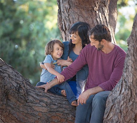 people sitting on branch tree - Young boy with mother and father, sitting in tree Stock Photo - Premium Royalty-Free, Code: 614-08307582
