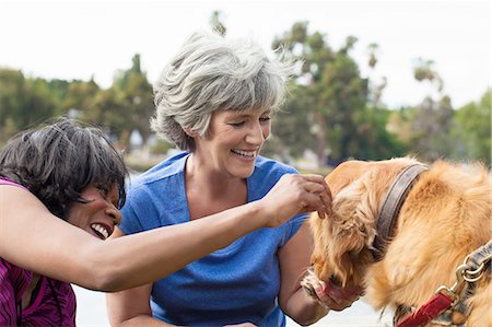 Two mature female friends, petting dog, outdoors Stock Photo - Premium Royalty-Free, Code: 614-08307903